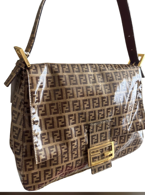 Authentic Fendi Zucca Monogram Mama Baguette Shoulder Bag – Brown PVC Canvas
