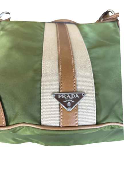 Prada Green Nylon Shoulder Bag | Leather Trim | Silver Hardware