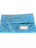 Balenciaga Blue Fold Over Clutch Bag | Soft Leather | Silver Hardware