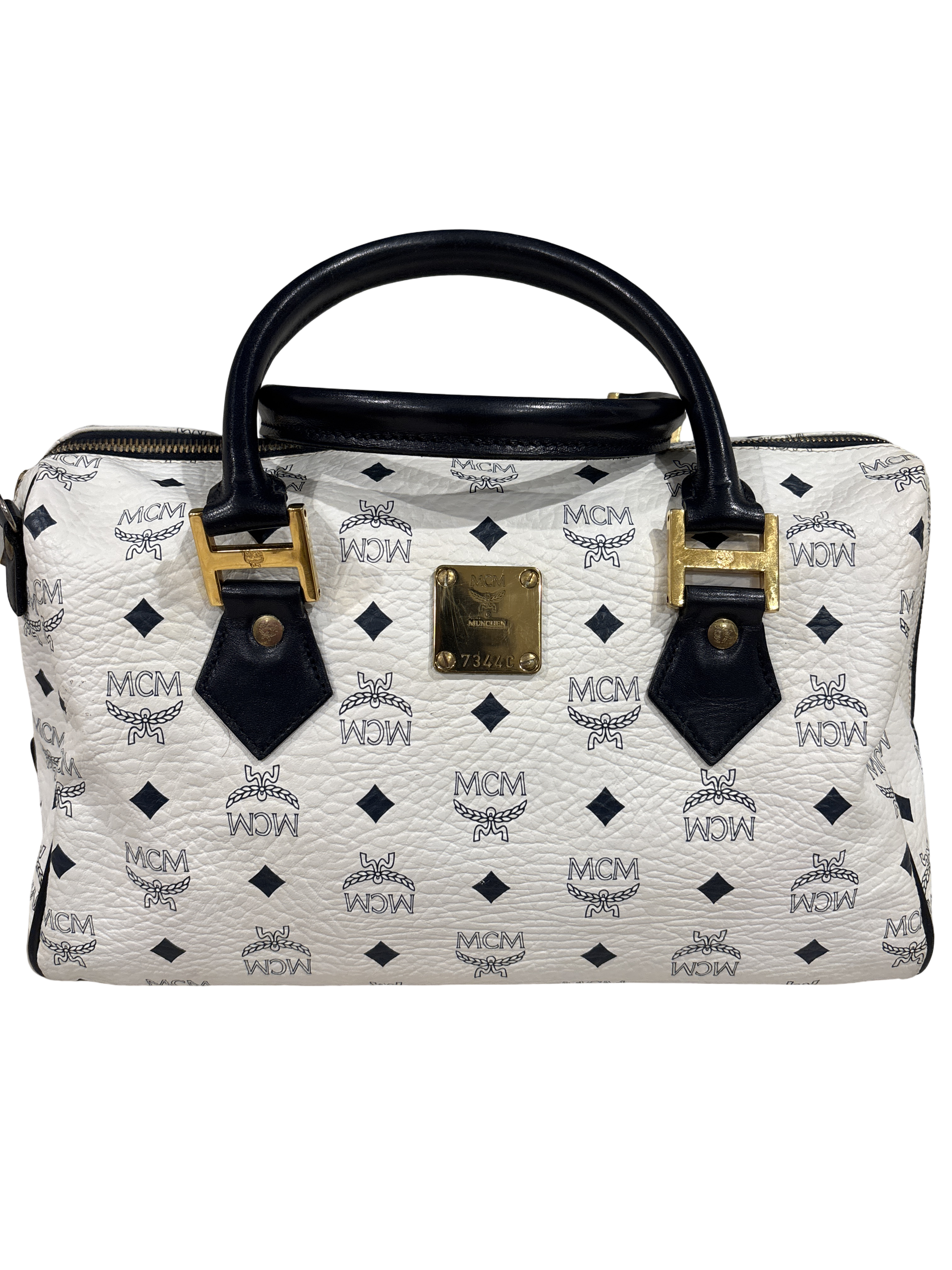 MCM White Visetos Boston Speedy Bag – White & Black Monogram Top Handle Bag