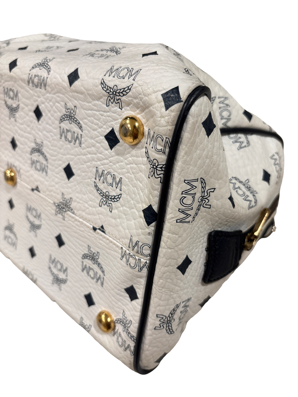MCM White Visetos Boston Speedy Bag – White & Black Monogram Top Handle Bag