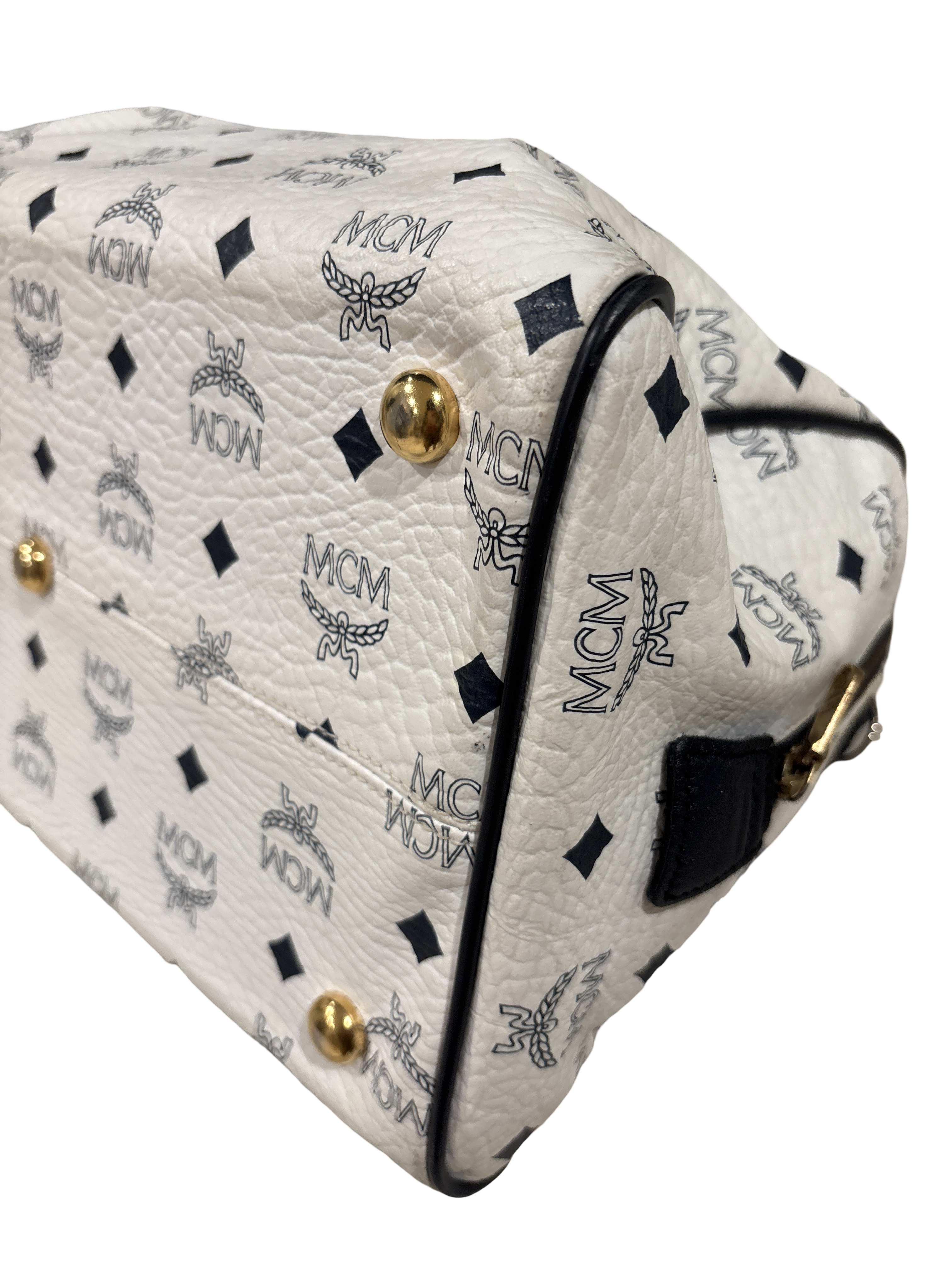 MCM White Visetos Boston Speedy Bag – White & Black Monogram Top Handle Bag