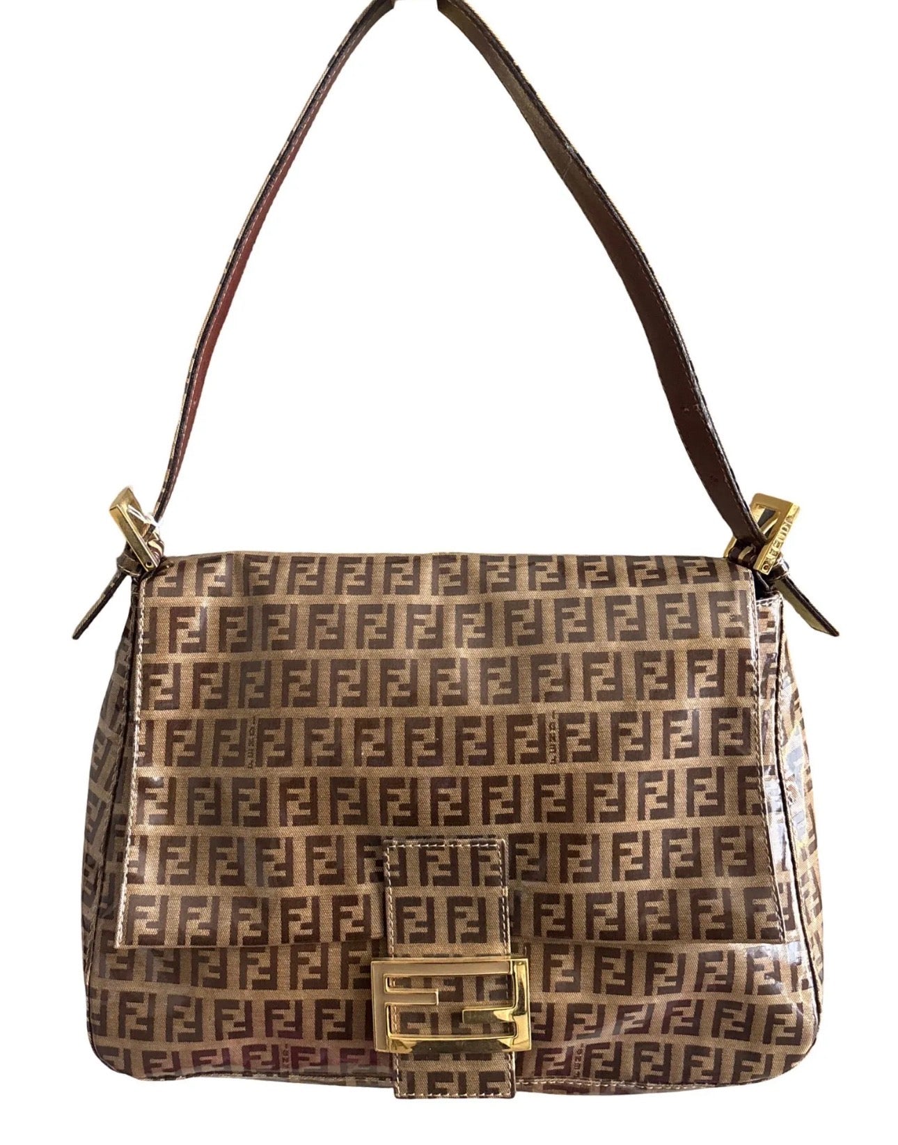 Authentic Fendi Zucca Monogram Mama Baguette Shoulder Bag – Brown PVC Canvas