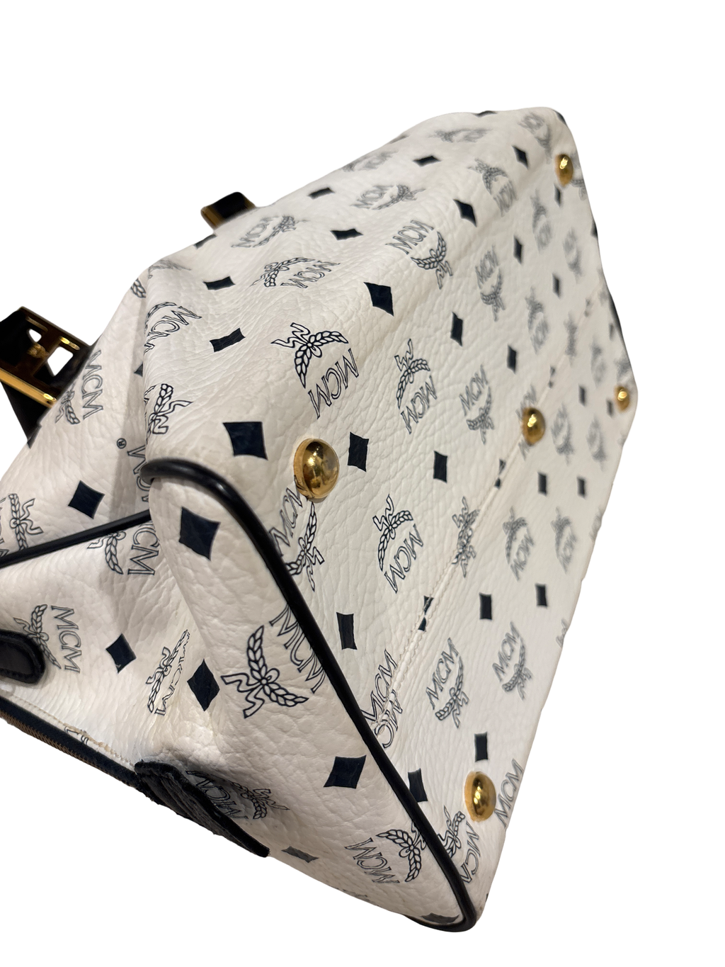 MCM White Visetos Boston Speedy Bag – White & Black Monogram Top Handle Bag