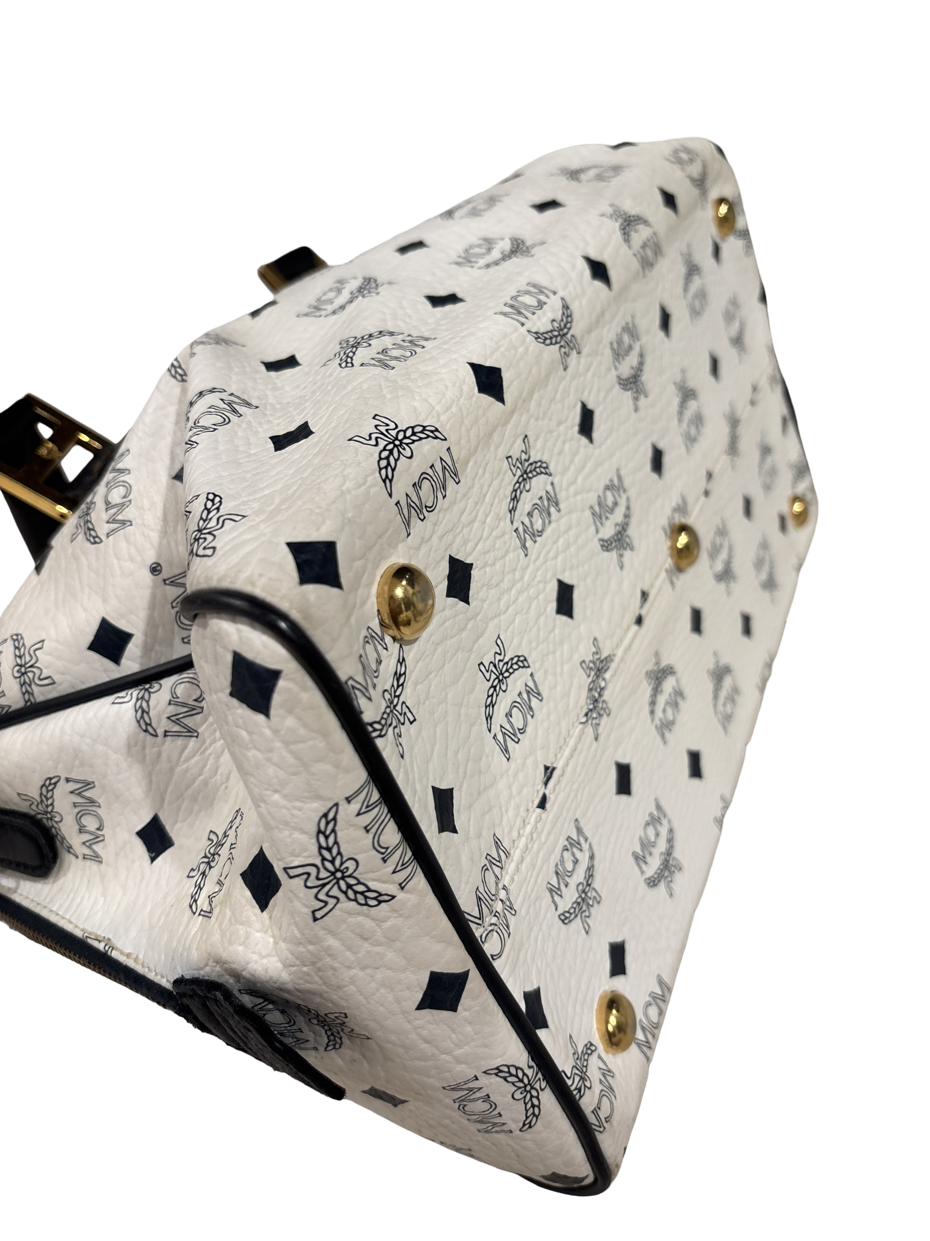 MCM White Visetos Boston Speedy Bag – White & Black Monogram Top Handle Bag
