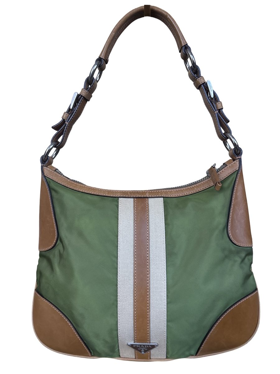 Prada Green Nylon Shoulder Bag | Leather Trim | Silver Hardware