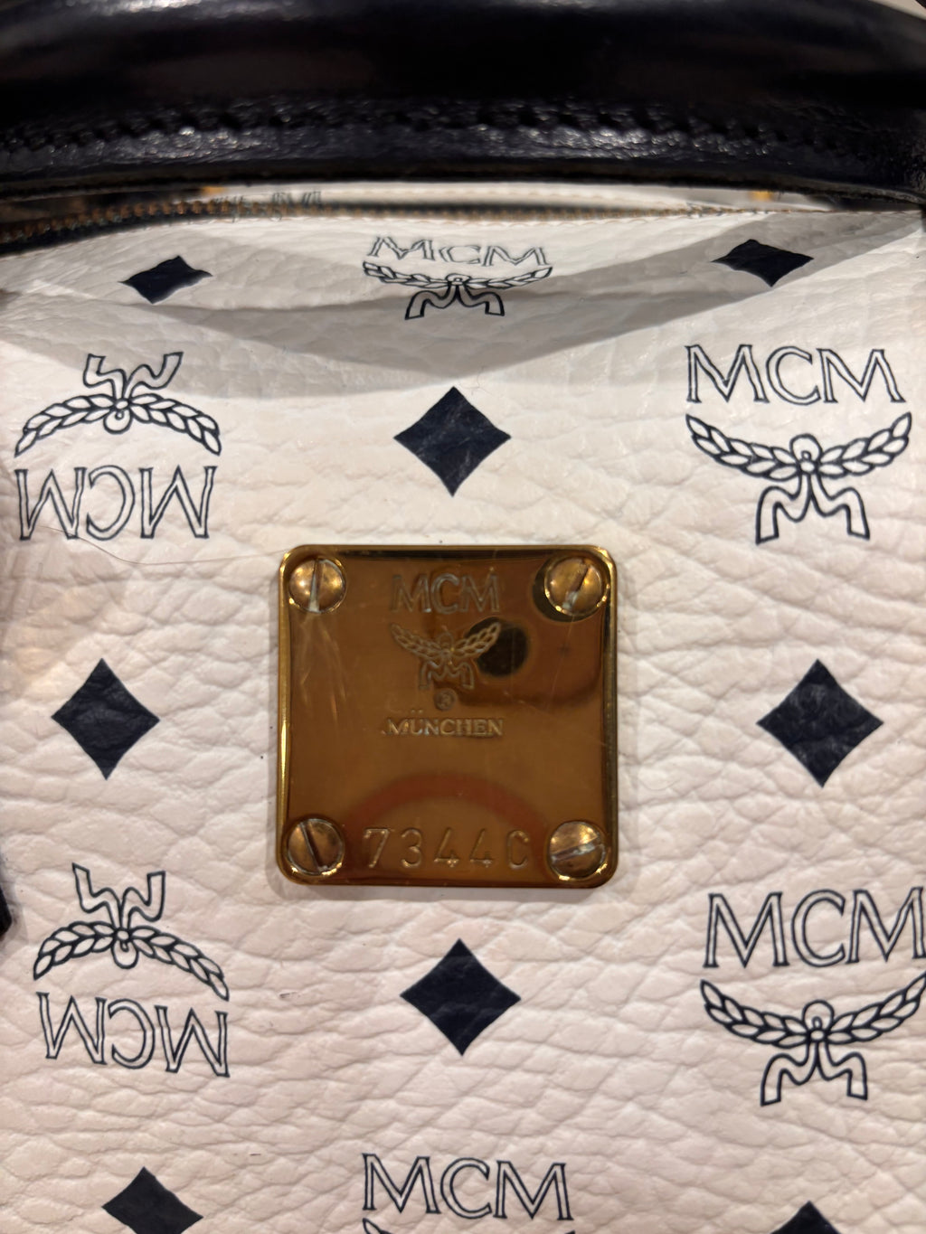 MCM White Visetos Boston Speedy Bag – White & Black Monogram Top Handle Bag