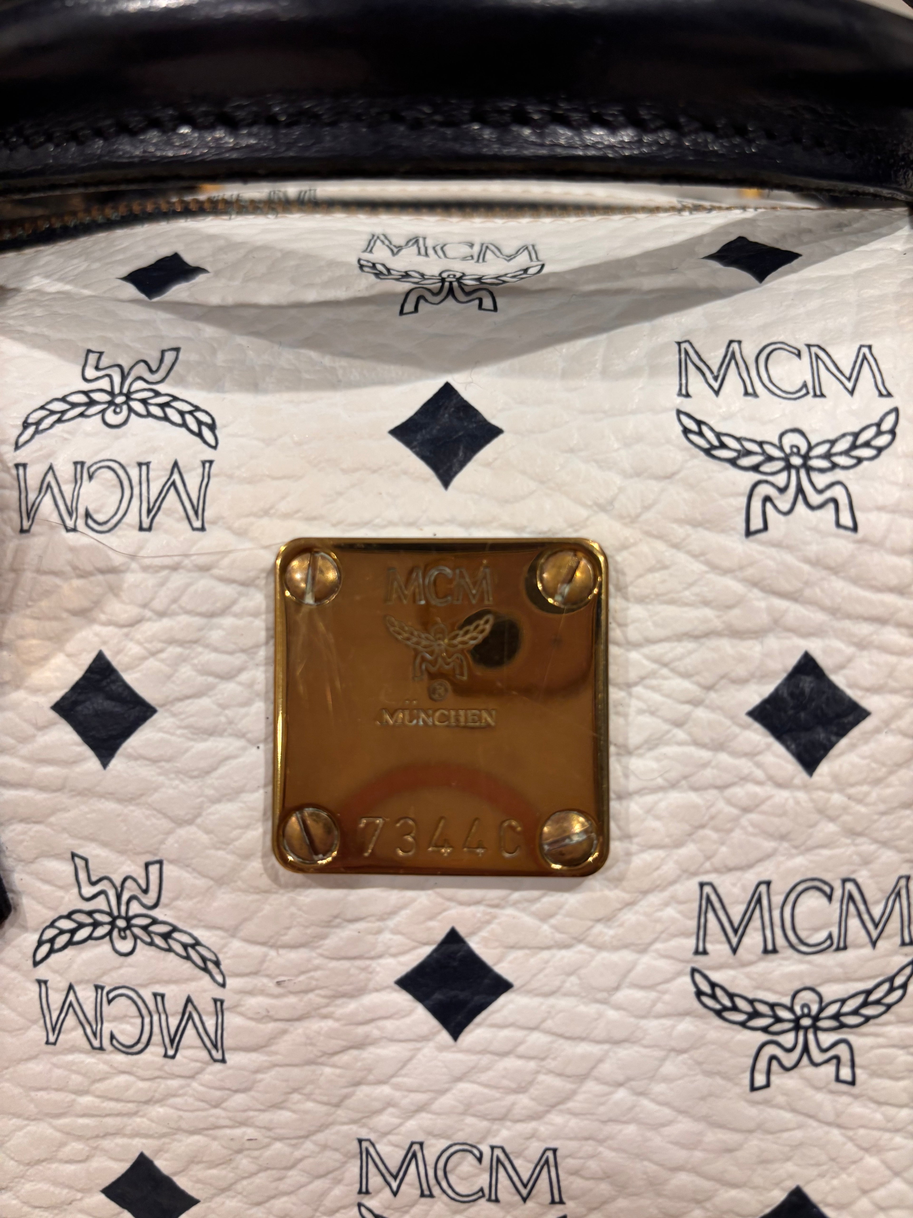 MCM White Visetos Boston Speedy Bag – White & Black Monogram Top Handle Bag