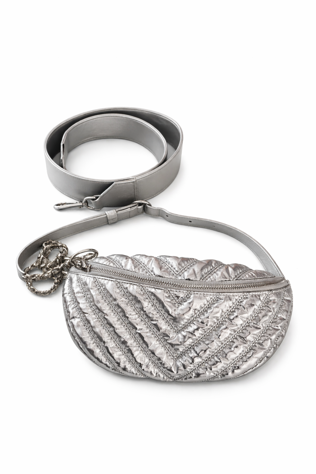 Chanel Metallic Silver Quilted Belt Bag / Crossbody